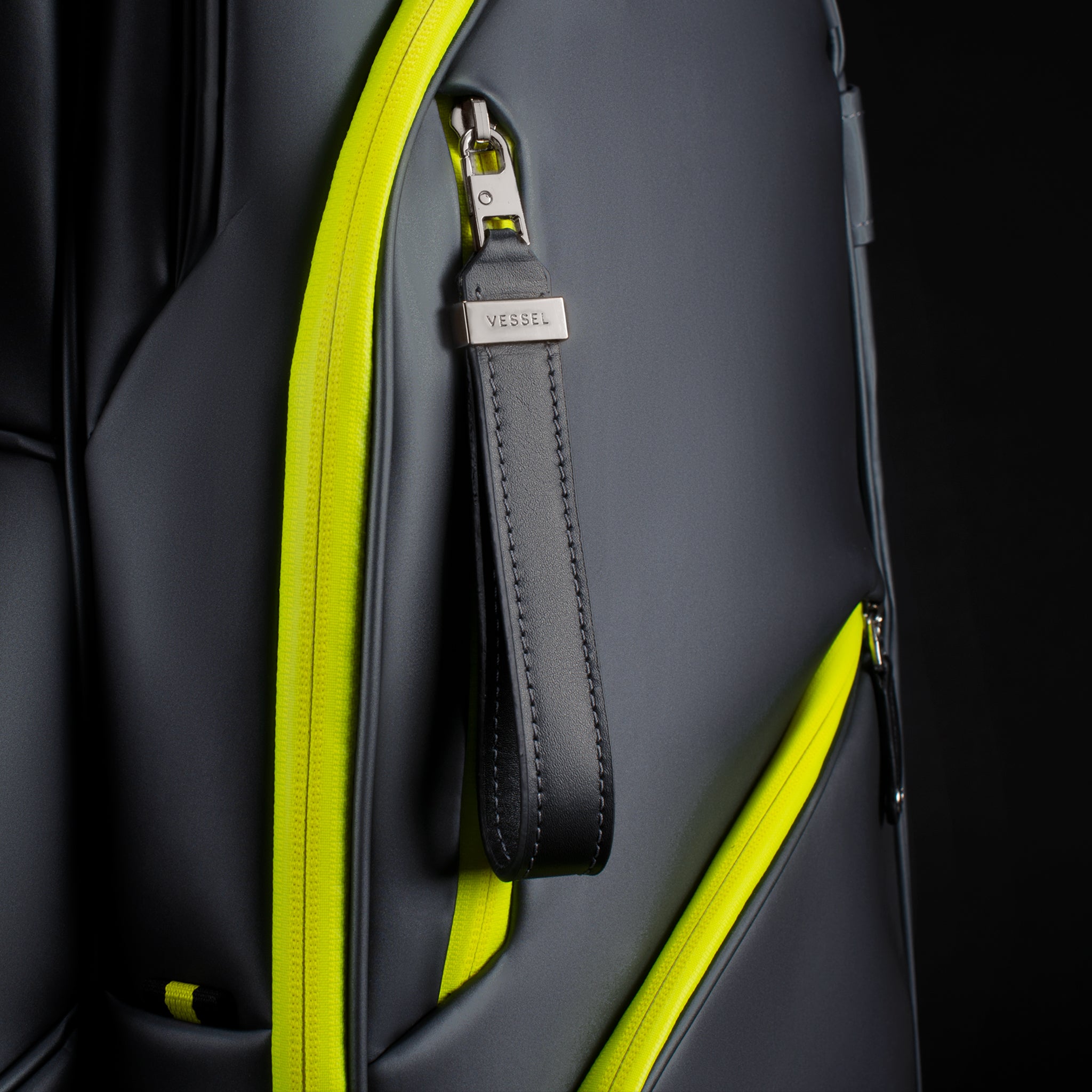 Close up of leather loop zipper pull on Amp Lux Pro Cart II