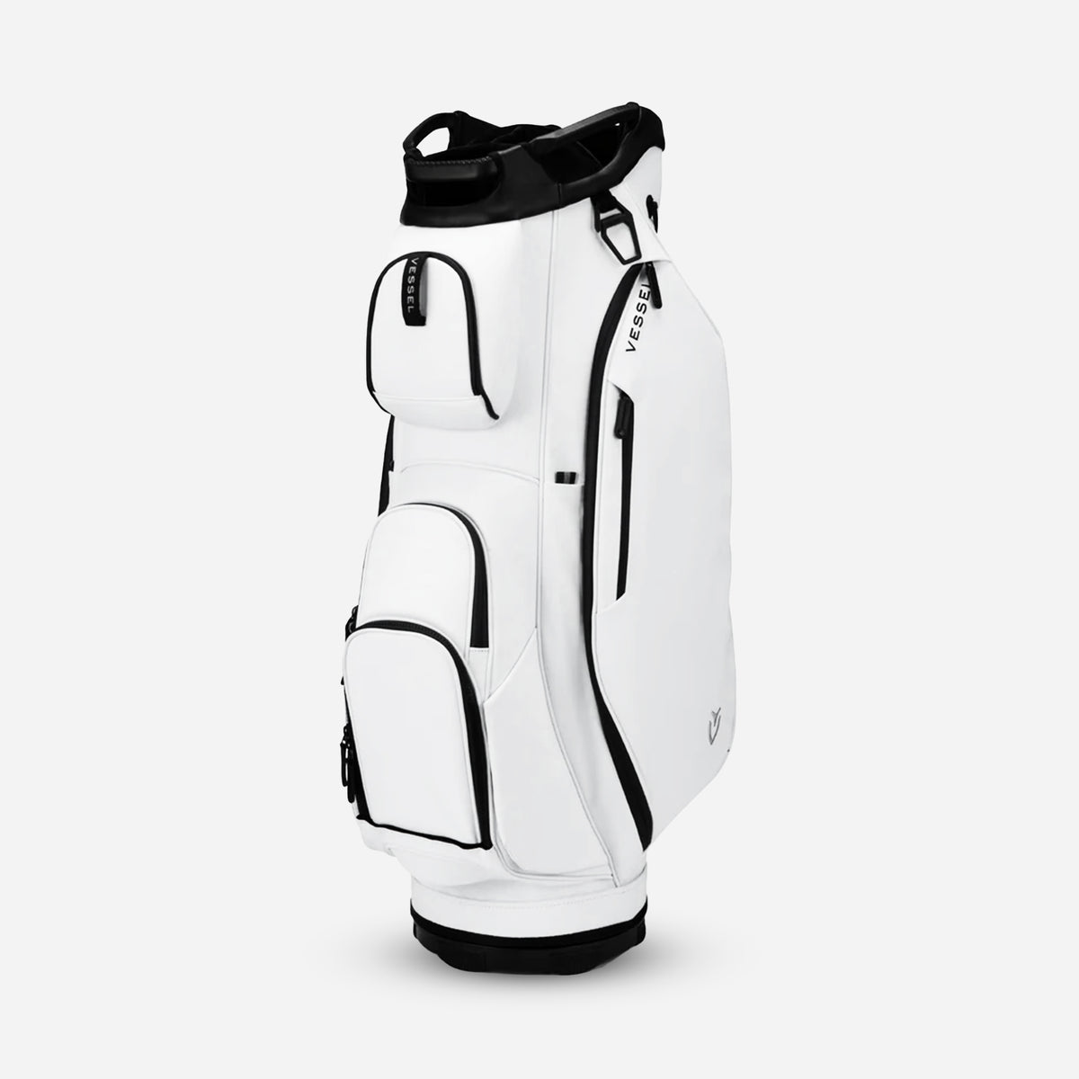 A white golf cart bag with black trim and multiple pockets.