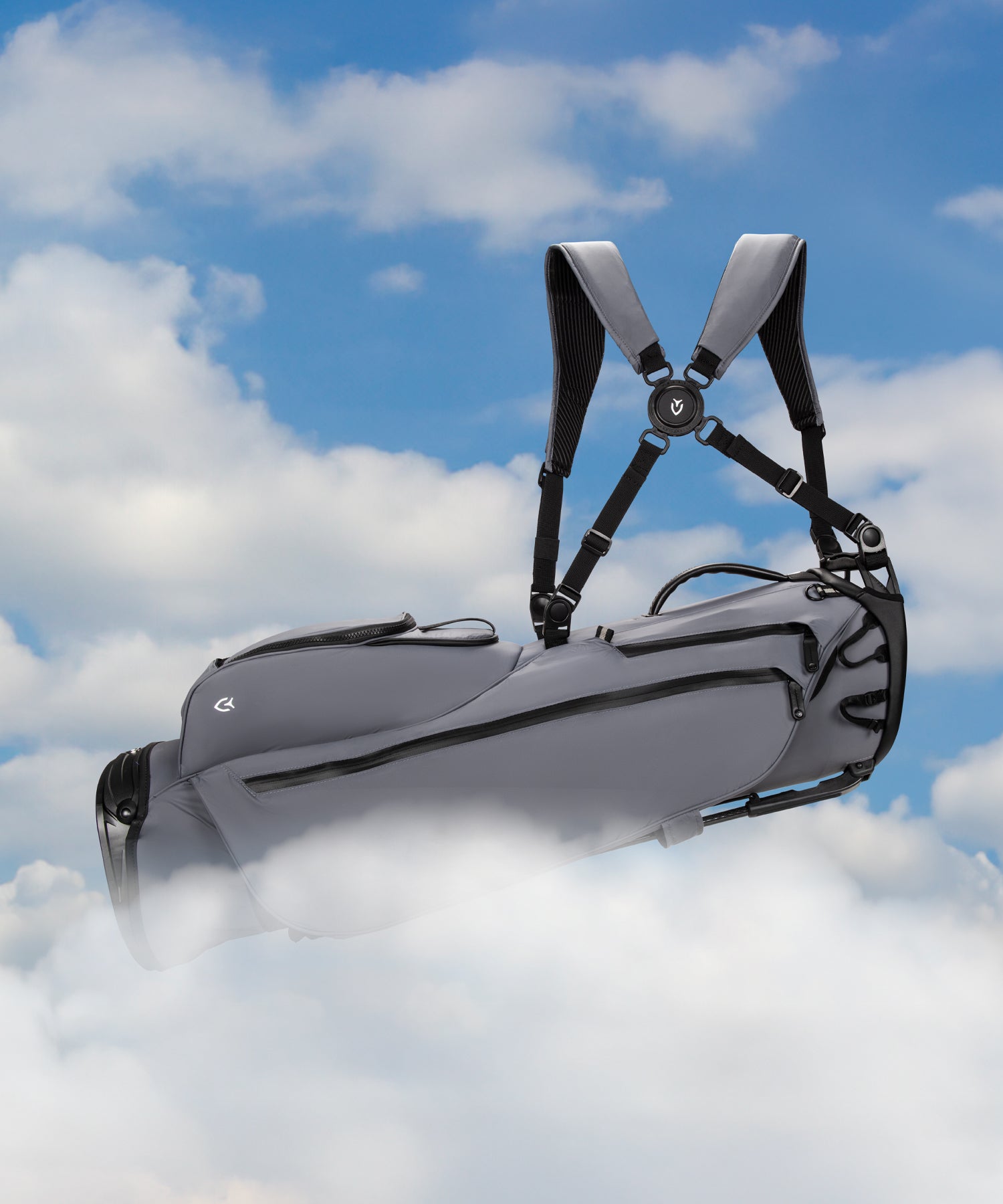 Grey lightweight golf stand bag floating in a cloudy sky