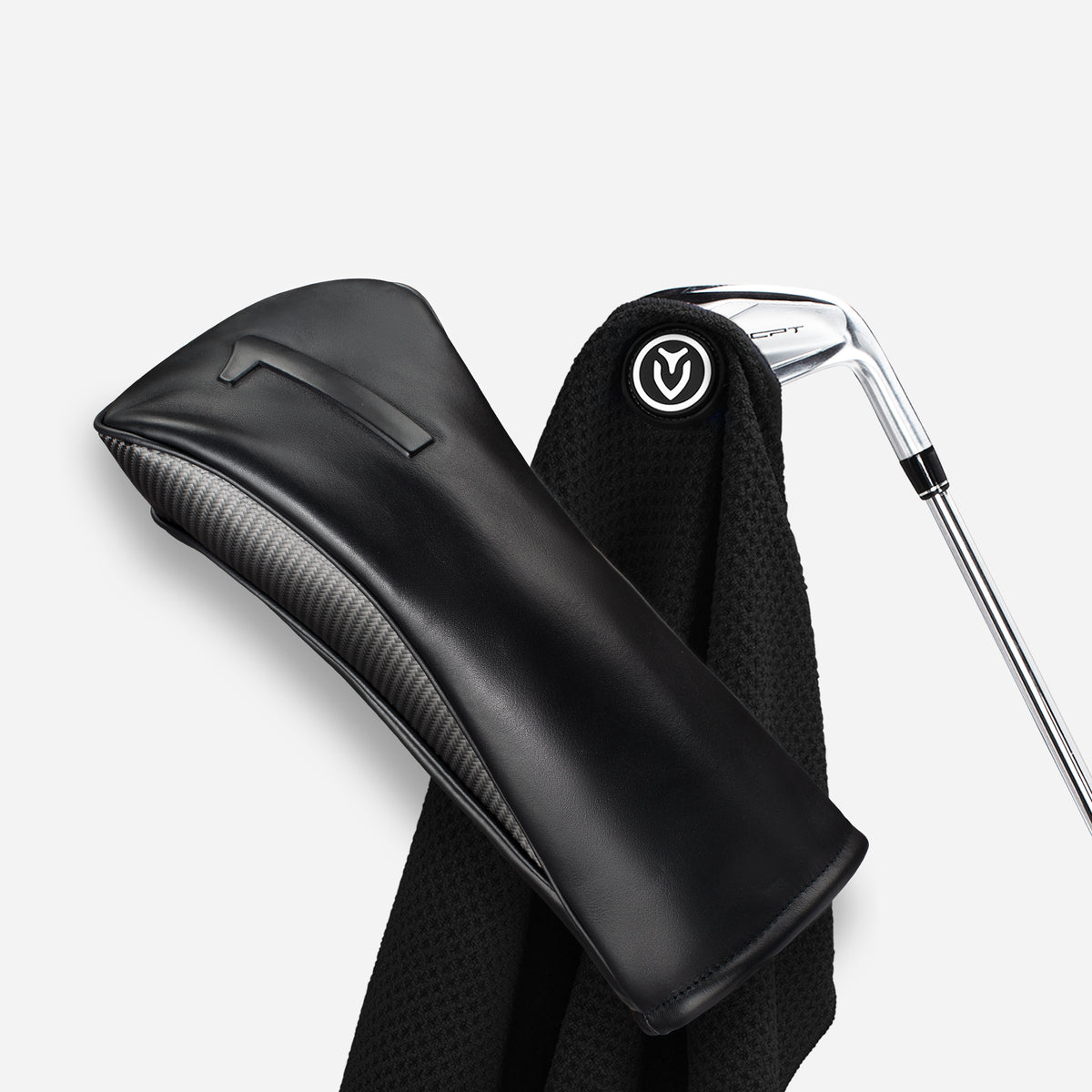 Lux Carbon Embosse Headcover and Black Magnetic Golf Towel on white background.
