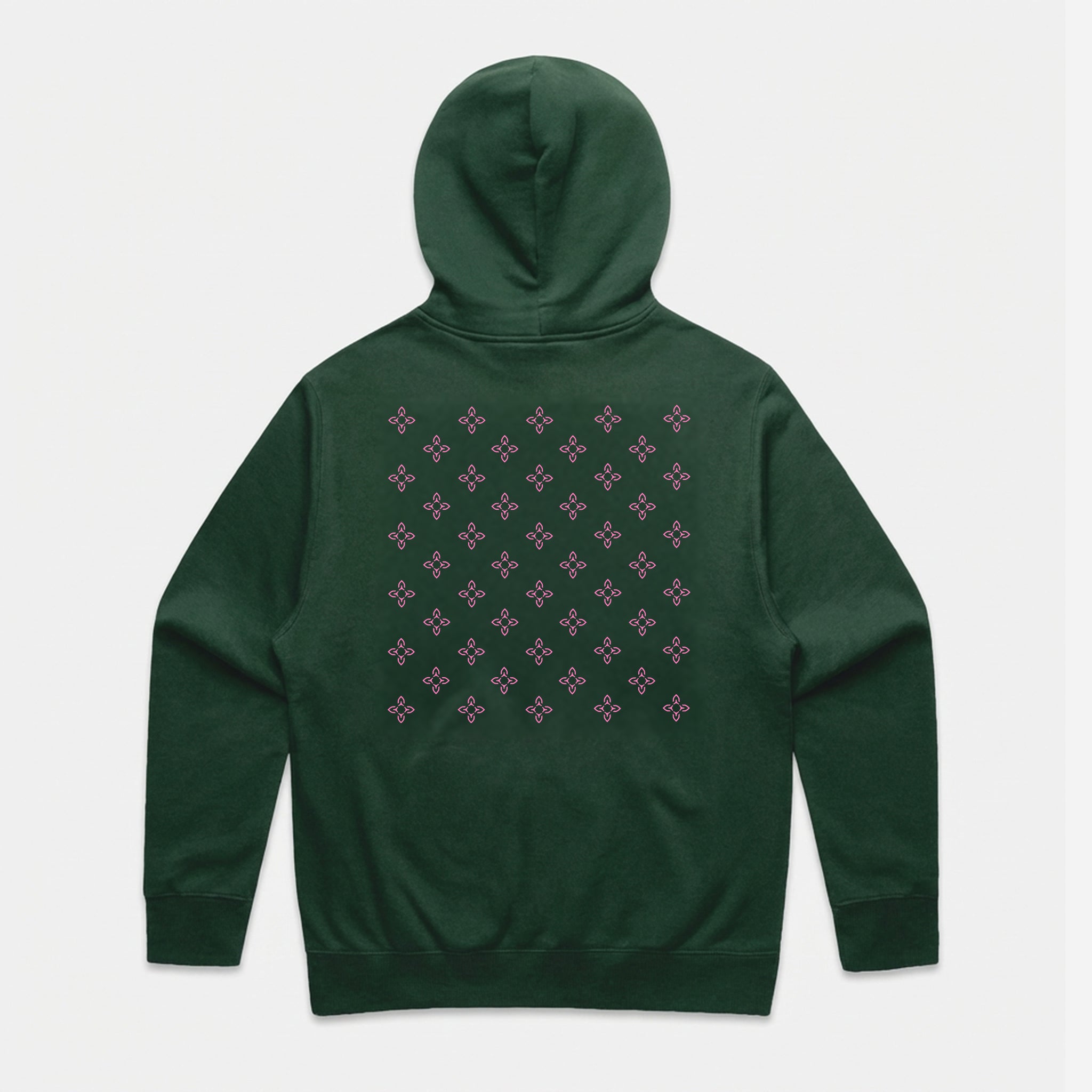 Green hoodie with pink floral pattern on the back #color_green
