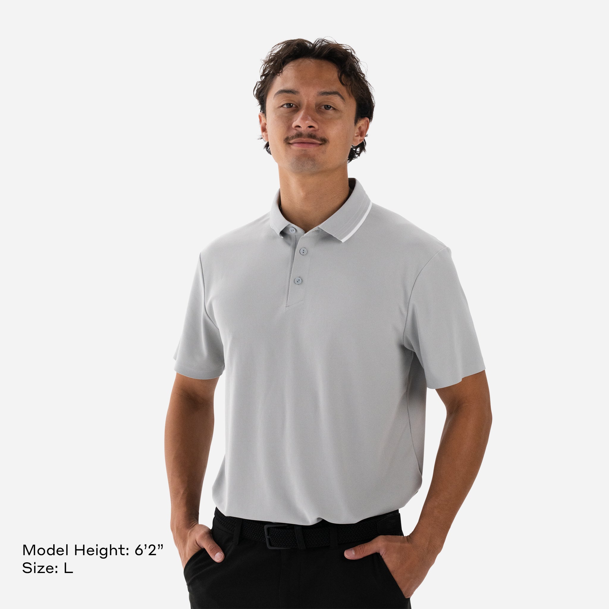 Model is 6'2" wearing size L Performance Piqué Polo Grey
