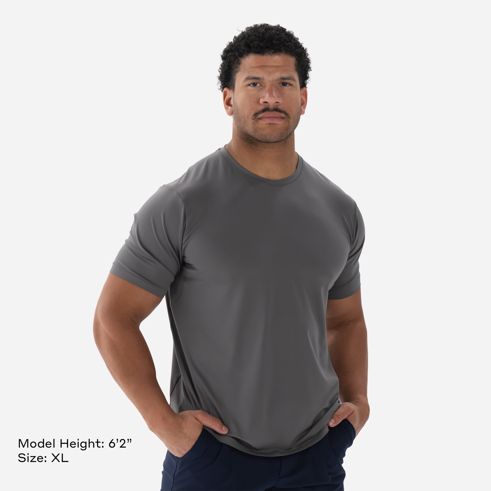 Model is 6'2" Wearing Size XL Performance Tech Tee Grey