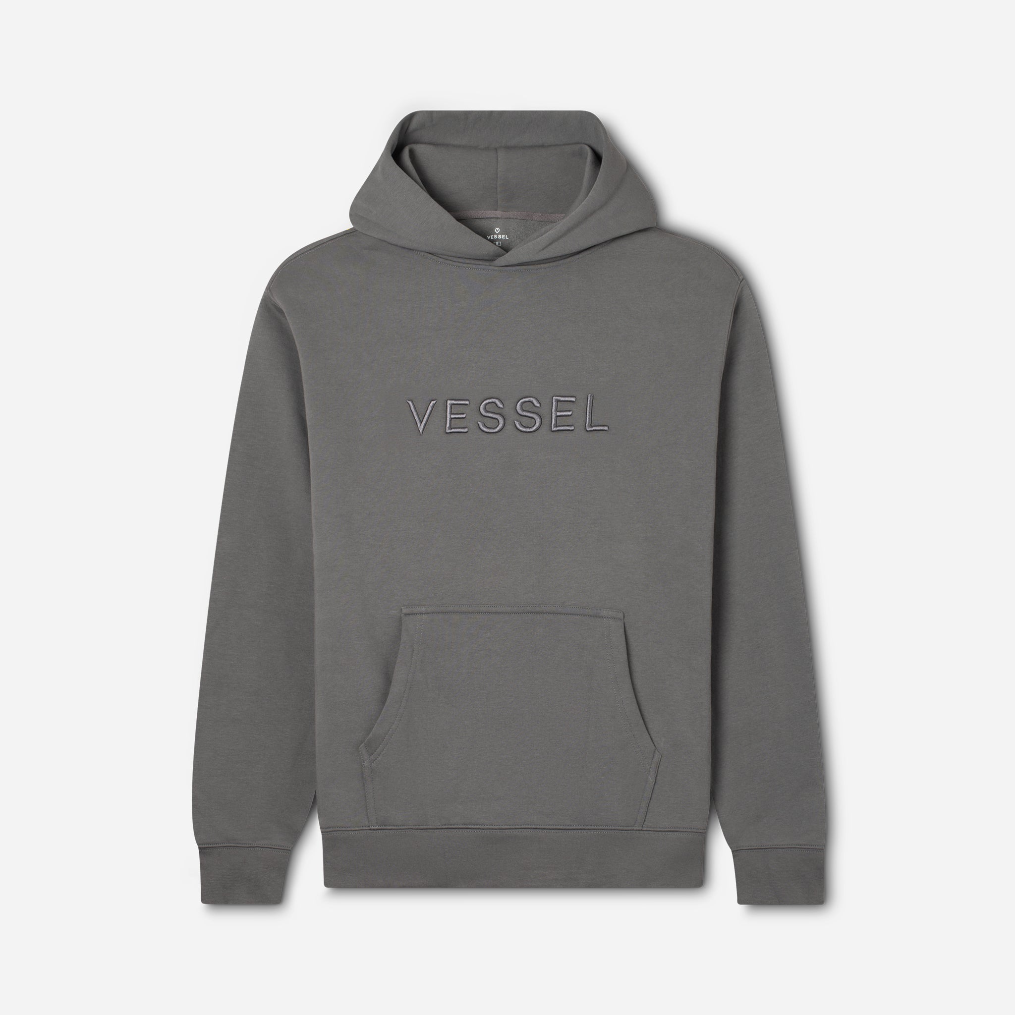 Grey VESSEL Hoodie against a white background #color_grey