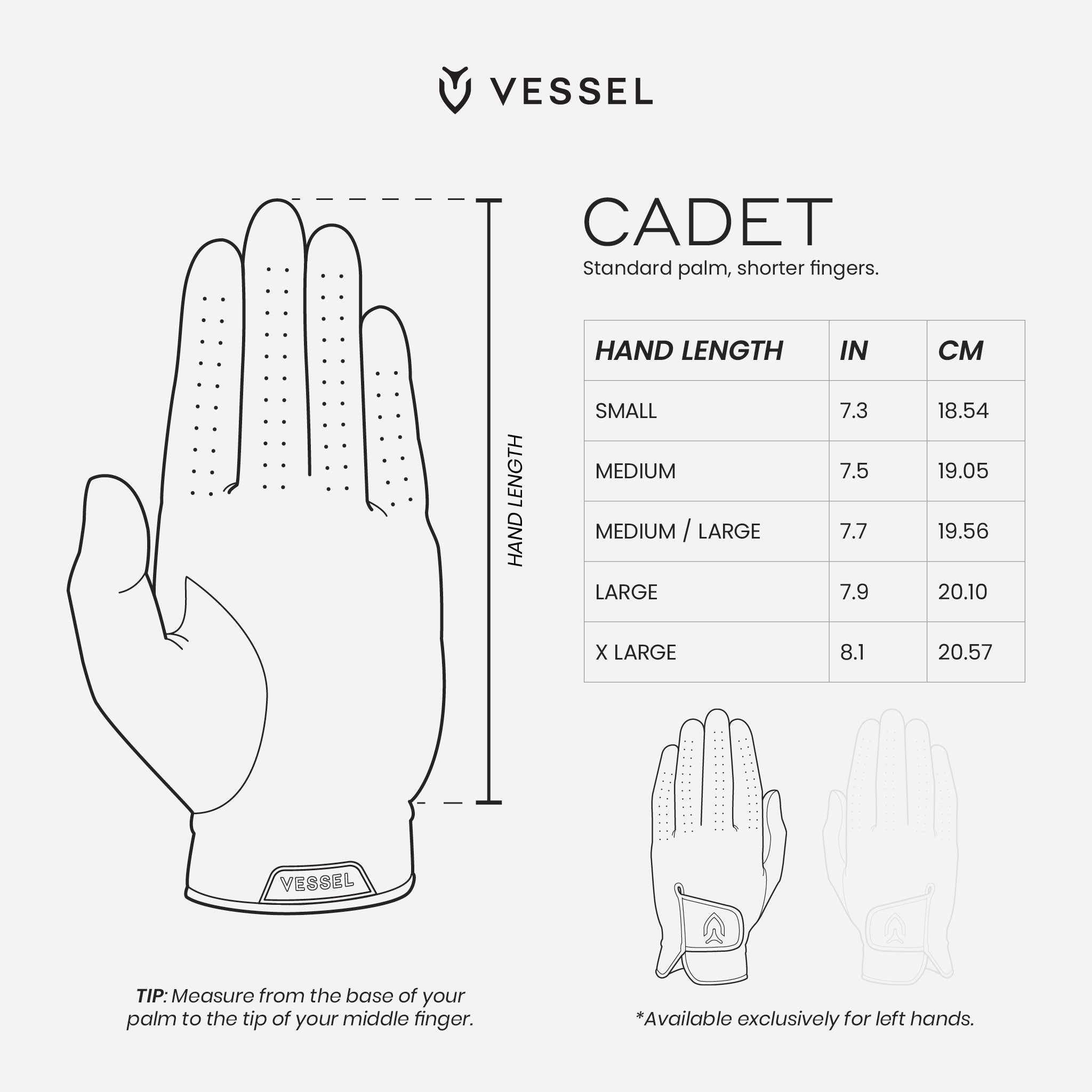 Glove size guide chart #hand_Cadet left