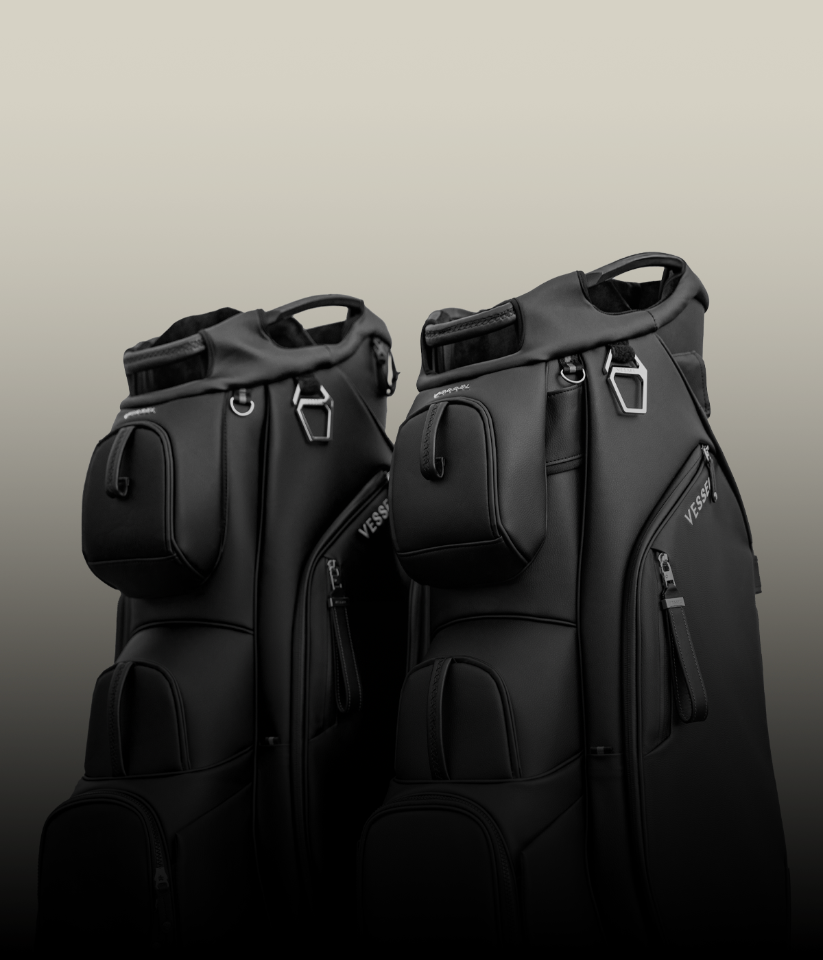 Two black golf cart bags on a taupe background