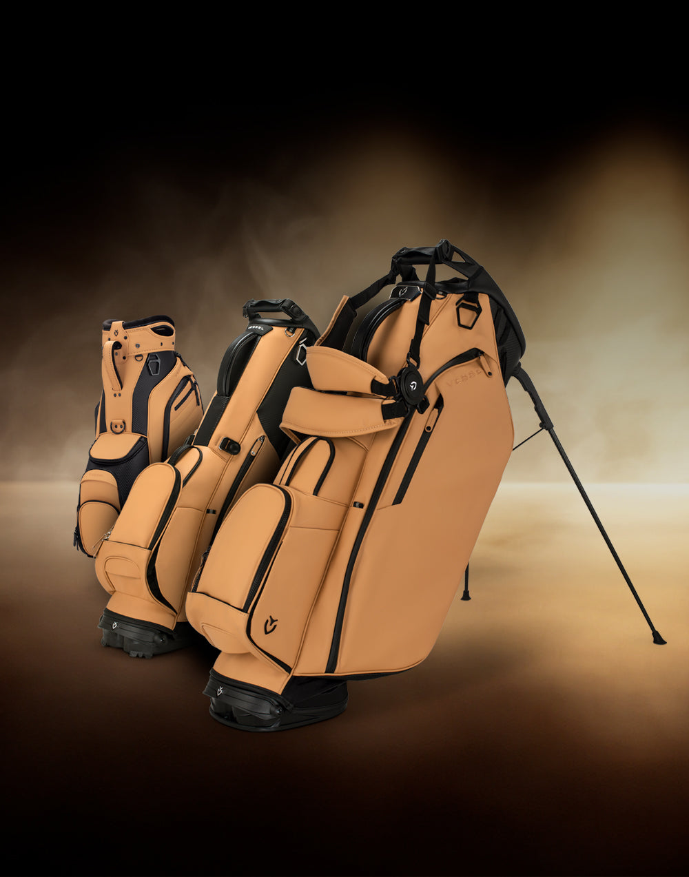 Three brown leather golf bags in front of one another with dark smokey brown background