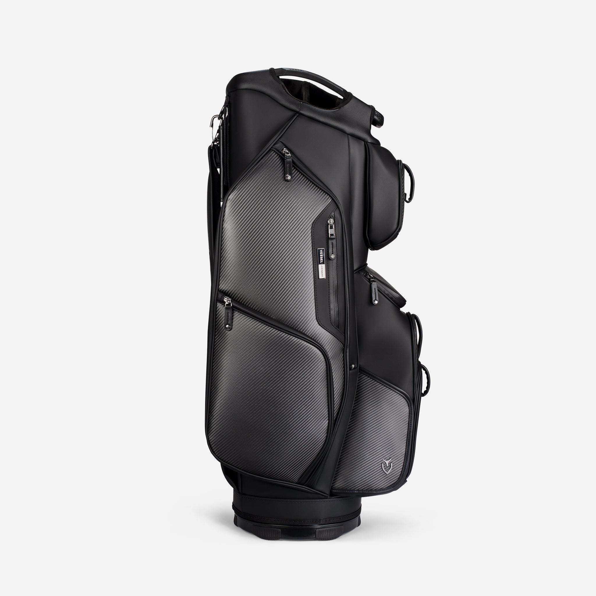 Side view of the Lux Pro Carbon Cart bag on a white background.