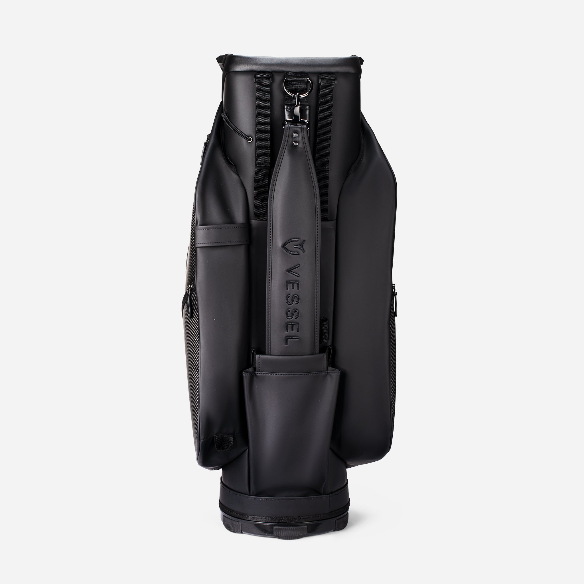 Back view of the Lux Pro Carbon Cart Bag, showcasing the carry strap and battery pocket . 