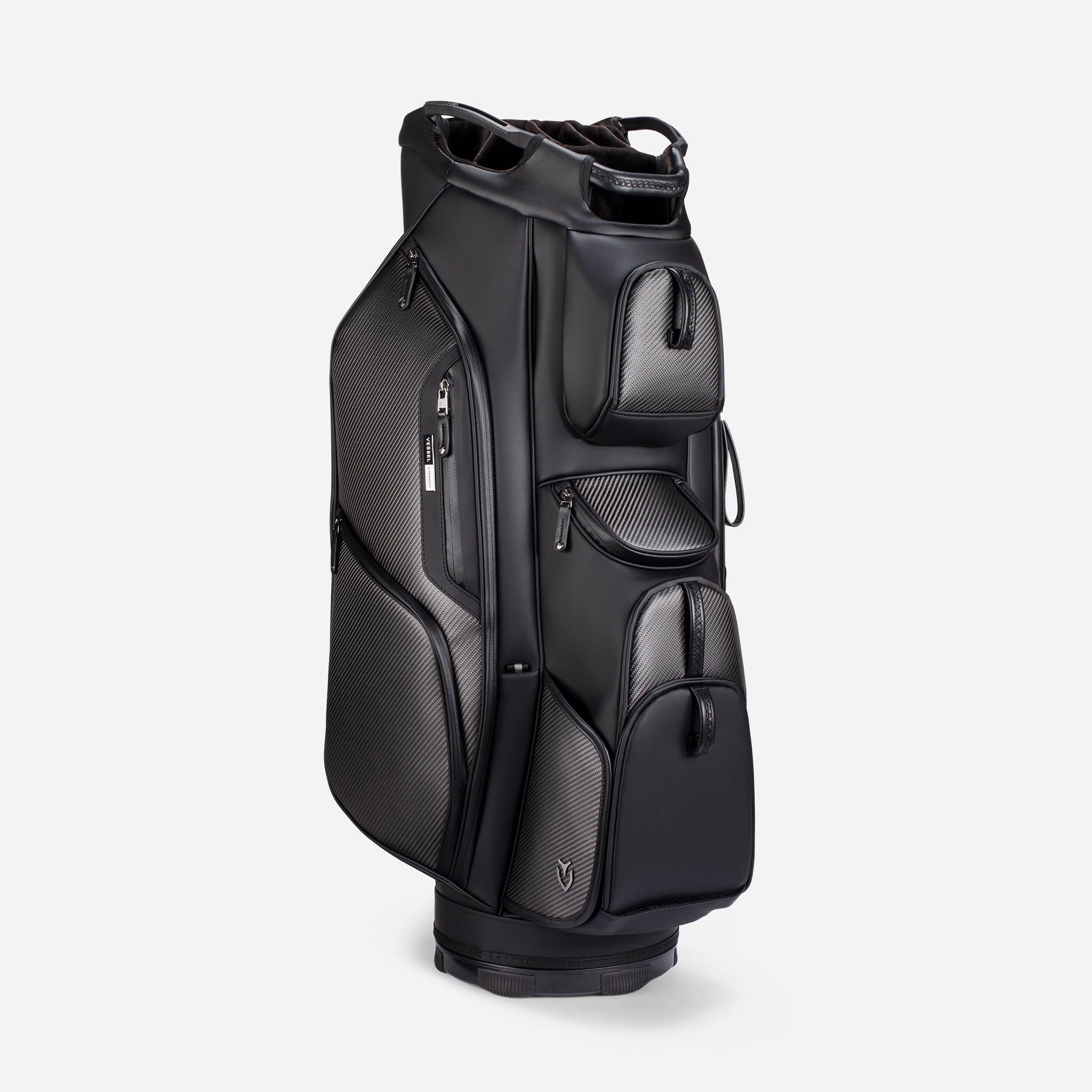 3/4 view of the Lux Pro Carbon Cart Bag on a white background.