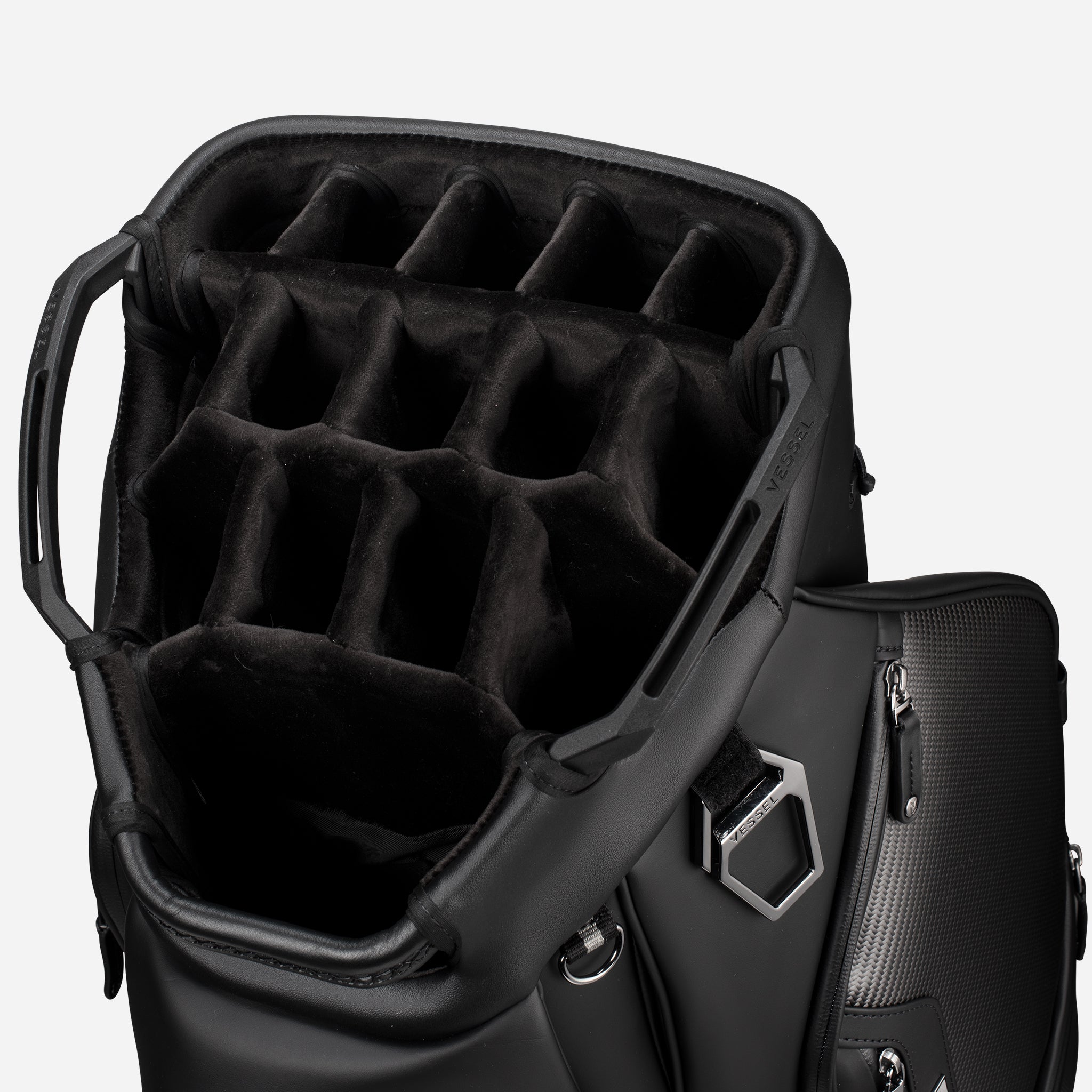 Top down view of the 15-Way divider top on a Lux Pro Carbon Cart bag.