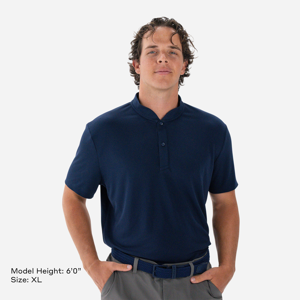 Model is 6'0" and wearing size XL Performance Blade Collar Polo Navy