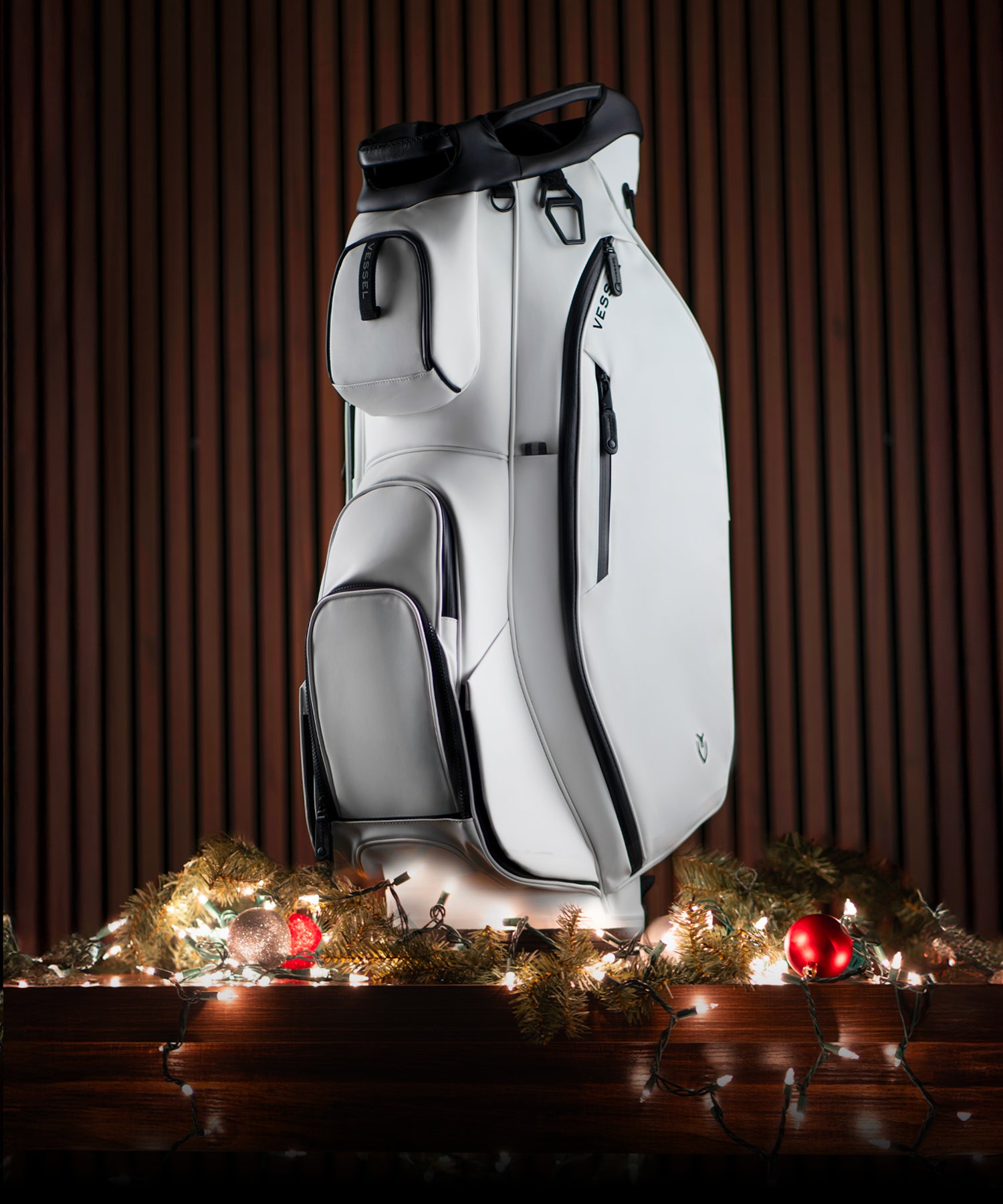 White Lux Cart sitting on Christmas lights