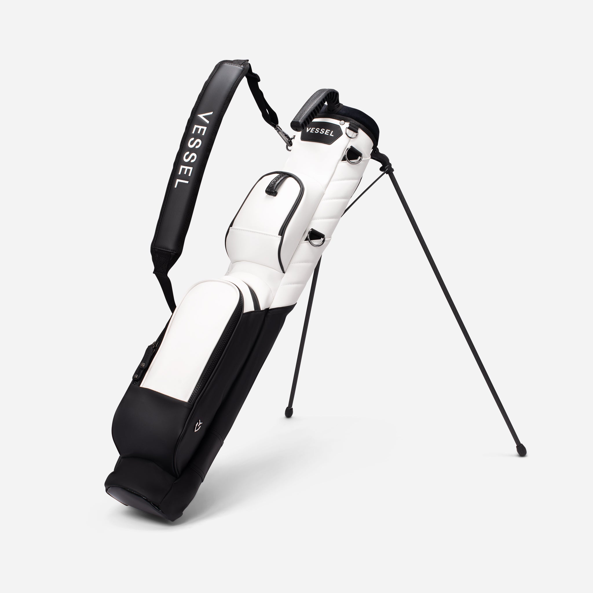 Black and white pencil stand bag with single strap attached #color_white/black