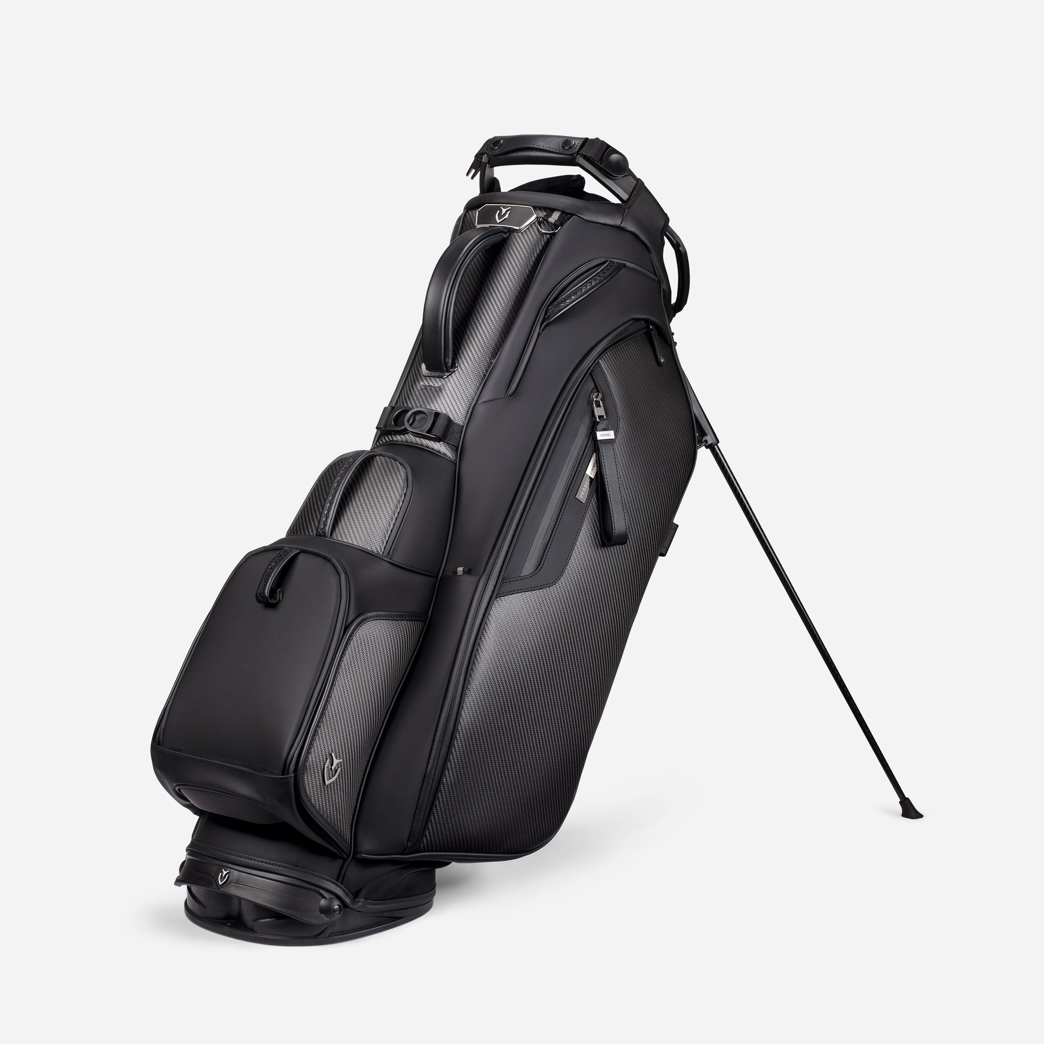 3/4 View of the Player V Pro Carbon Stand Bag with legs deployed on a white background.