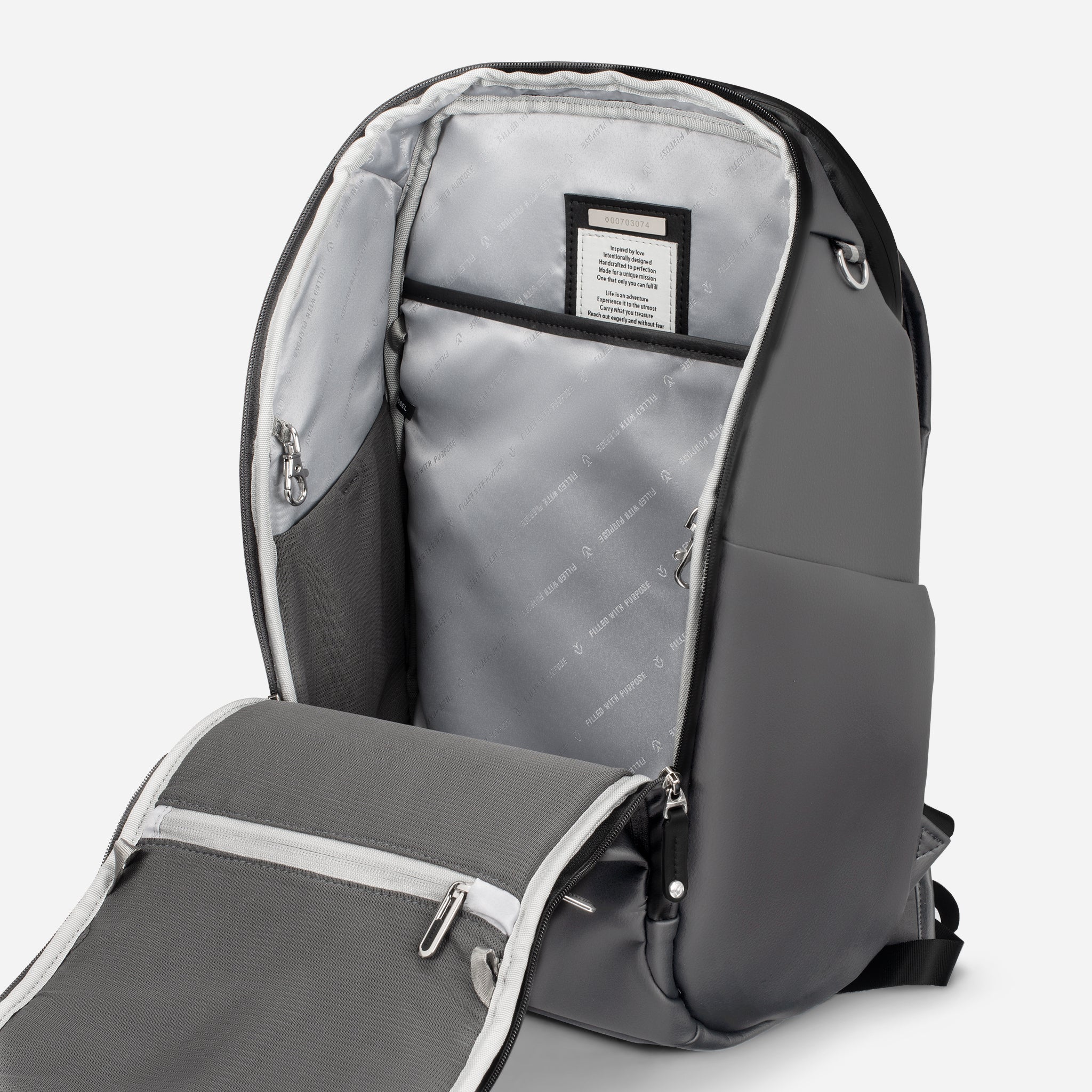 inside main compartment of Grey PrimeX 2.0 Backpack