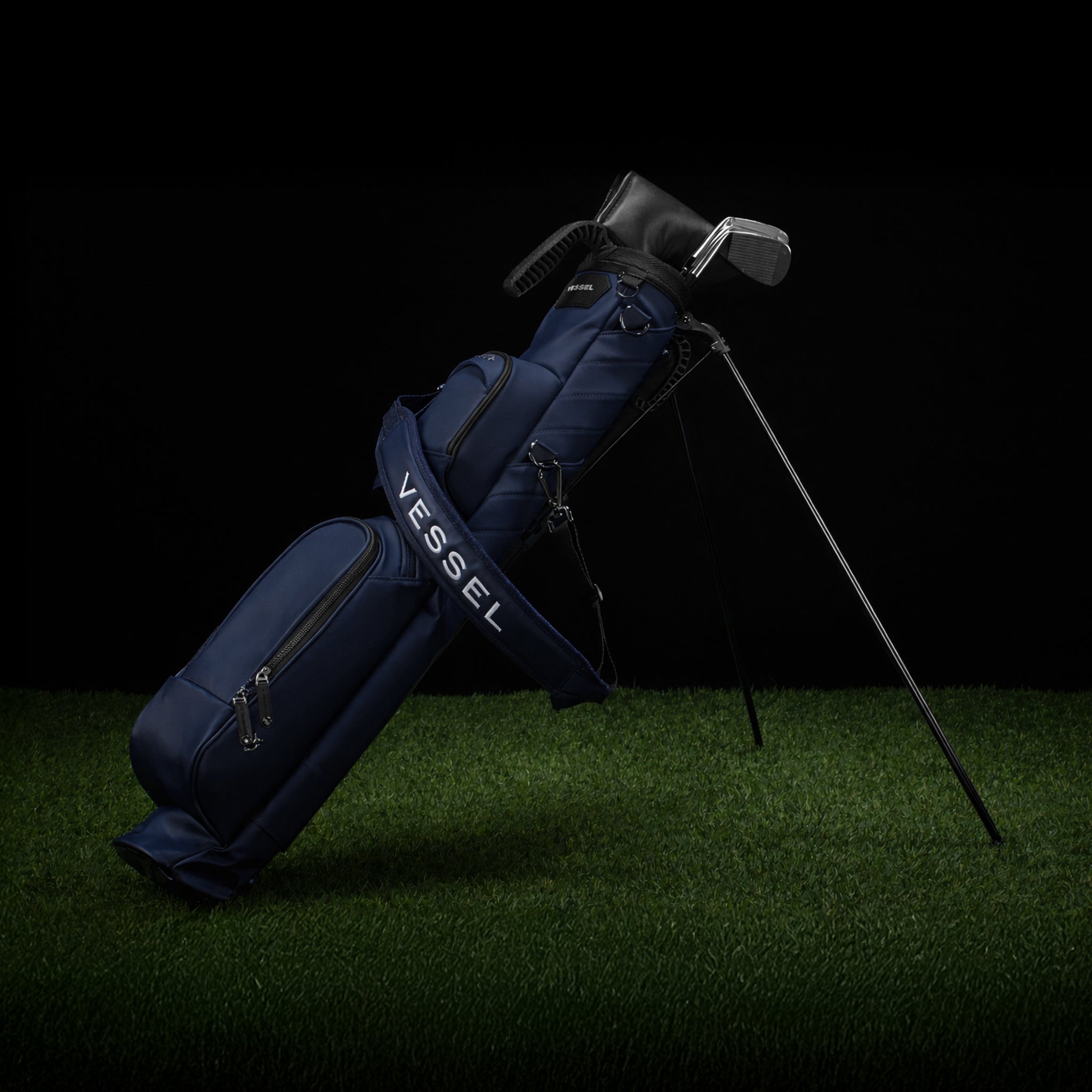 Navy Pencil Stand Bag  on a golf green #color_navy