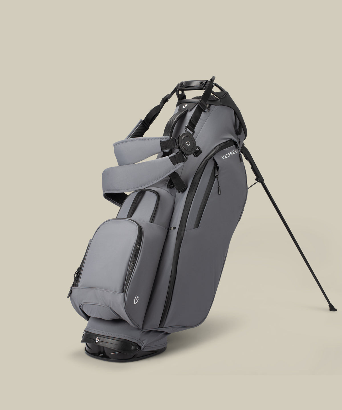 Grey Player Air Stand Bag on taupe background