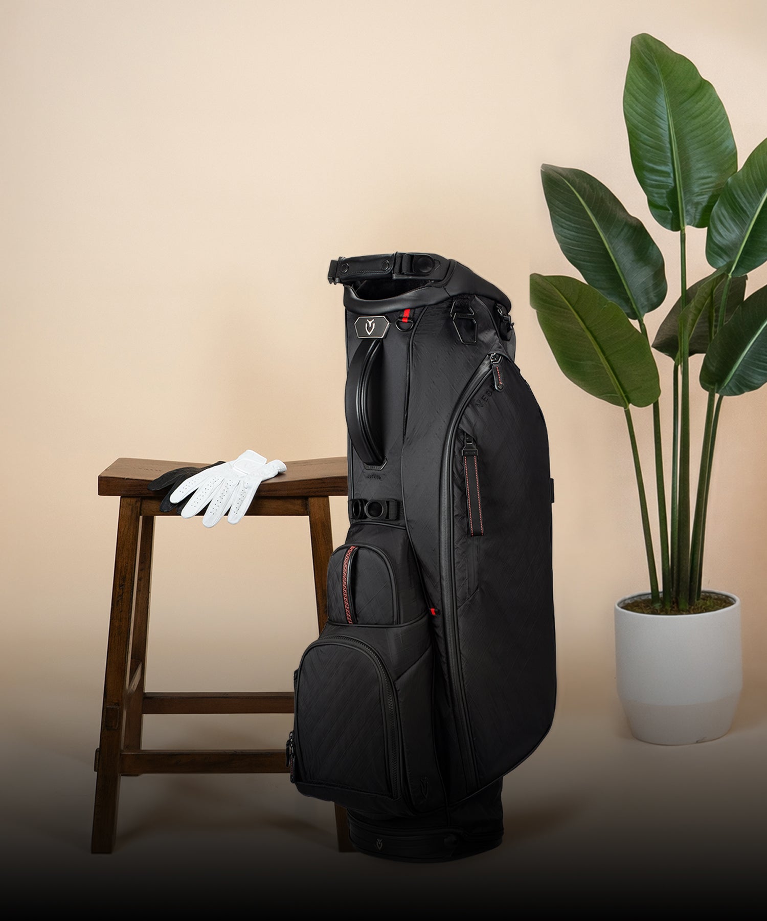 Black Player V DXR stand bag next to potted plant and a wooden stool