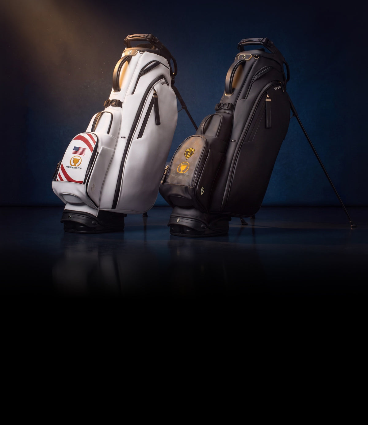 Two Player V Pro bags with presidents cup iconography on a blue background