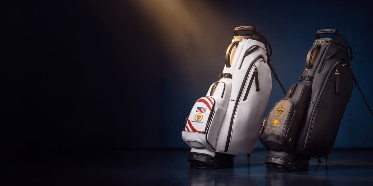 Two Player V Pro bags with presidents cup iconography on a blue background