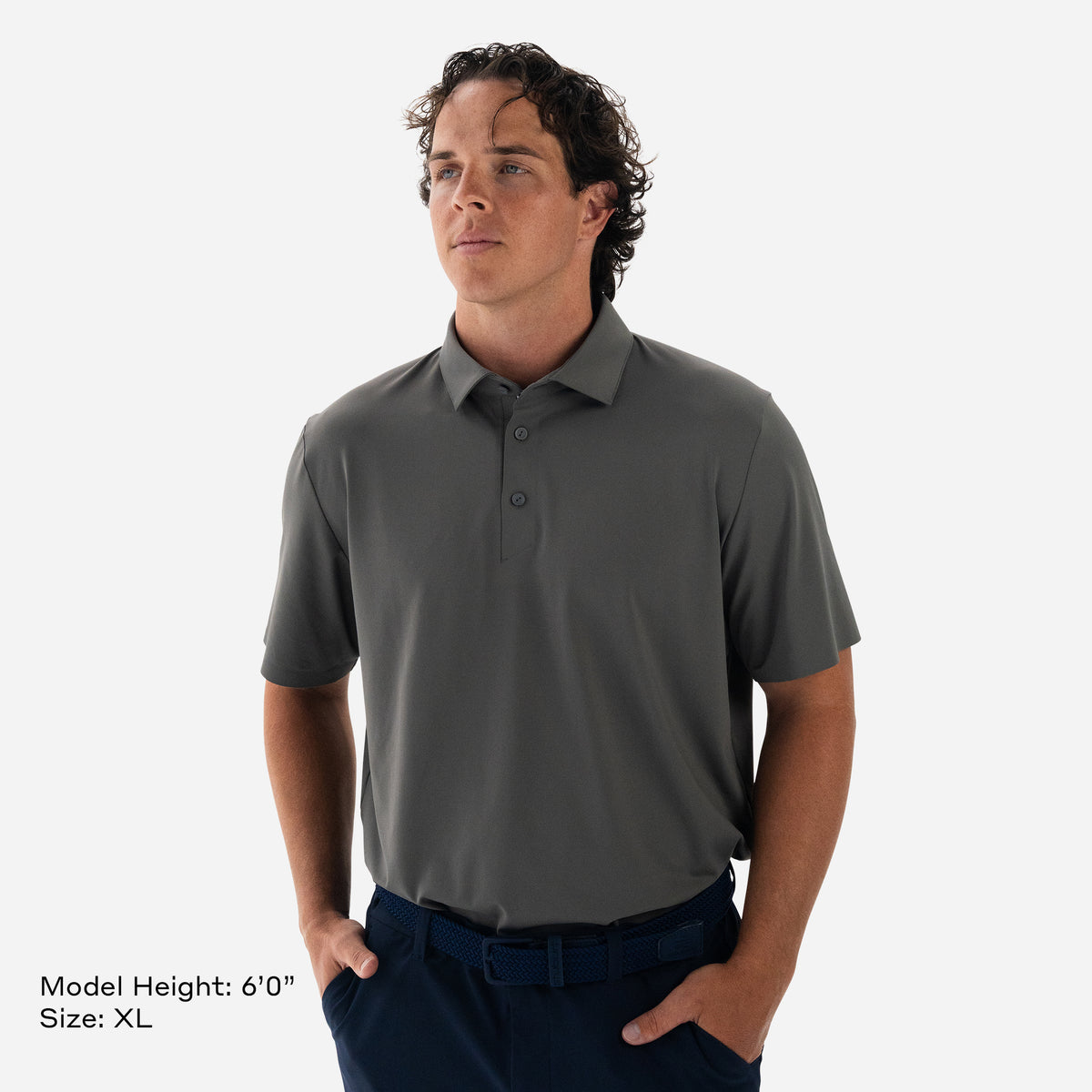 Model is 6'0" wearing size XL Performance Tech Polo Grey