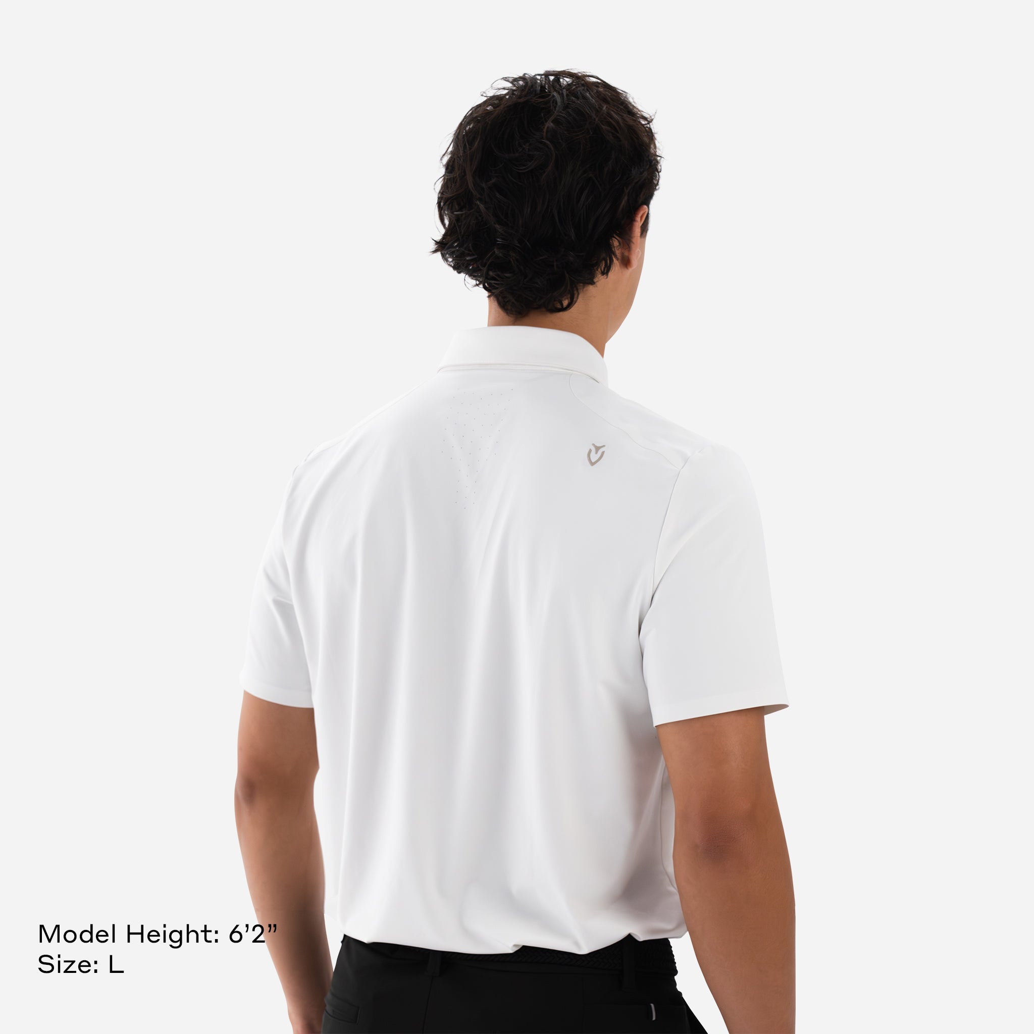 Model is 6'2" wearing size L Performance Tech Polo White backside