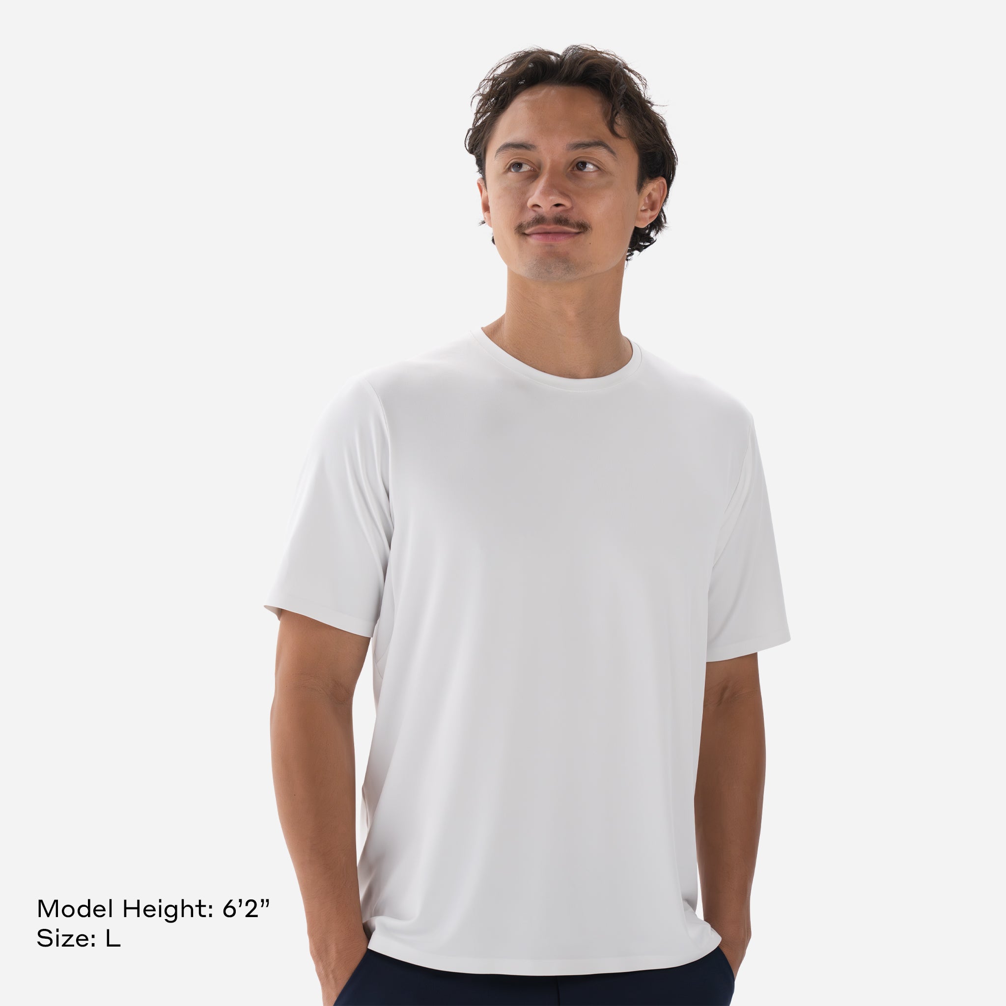 Model is 6'2" Wearing Size L Performance Tech Tee White