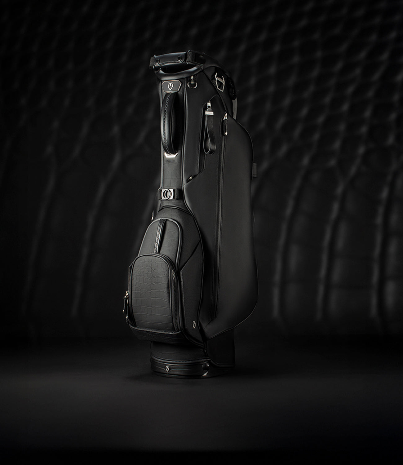 Croc Black Lux Stand bag standing vertically on black background