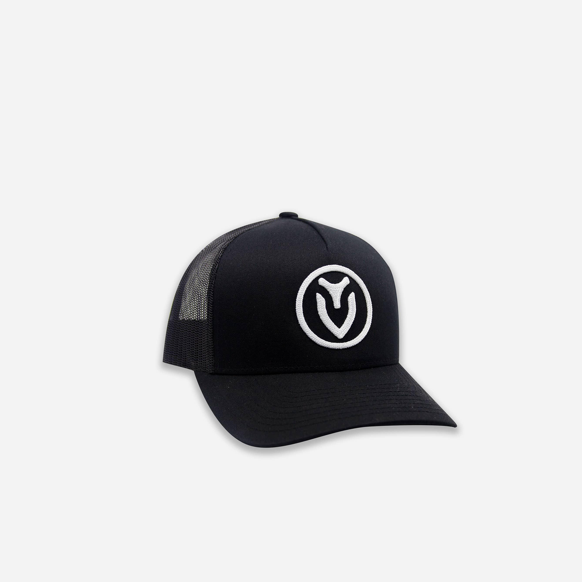 Black Vessel Retro Trucker Hat against a white background #color_black