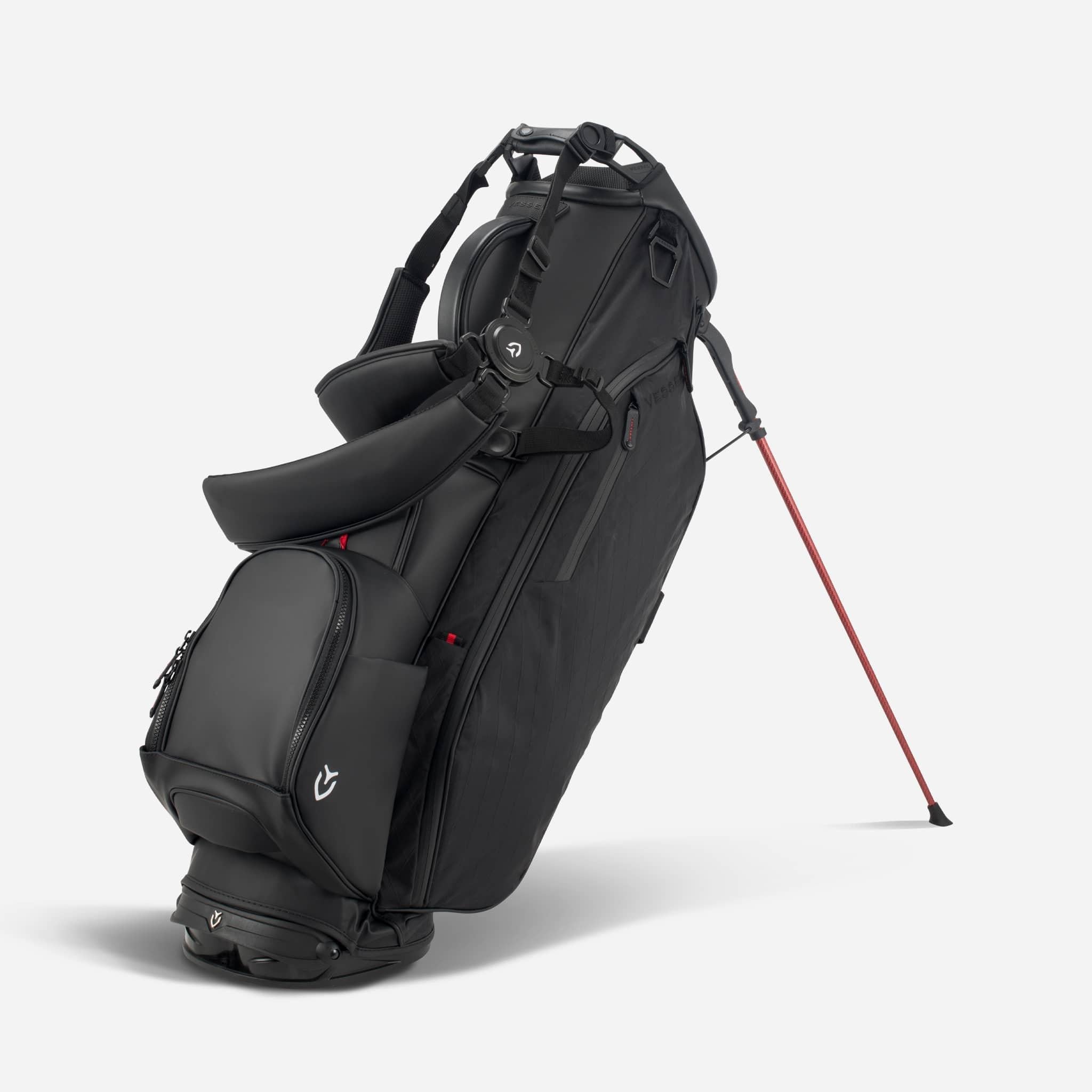 Front view of black diamond ripstop golf stand bag featuring straps.