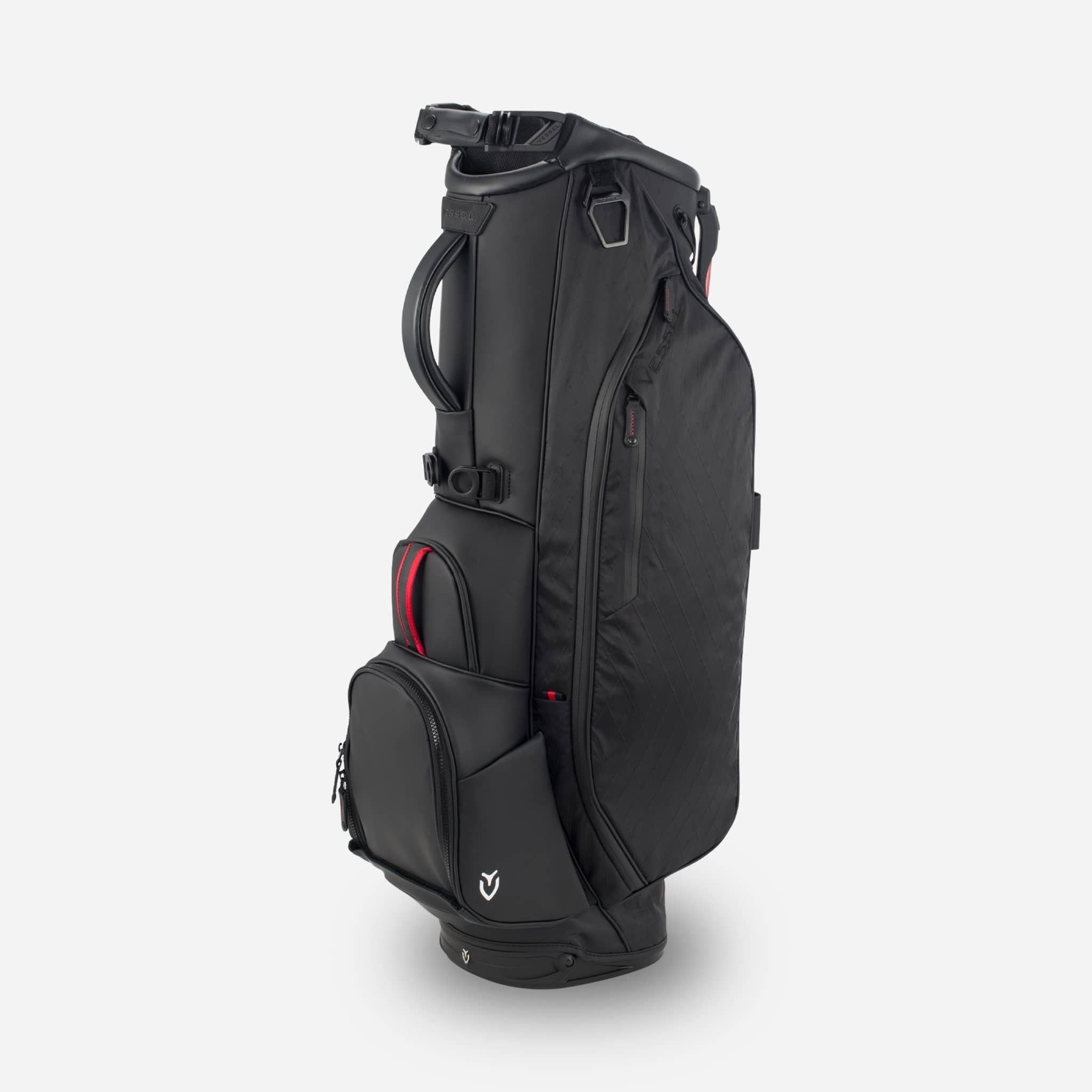 Right side view of black diamond ripstop golf stand bag with red accents.