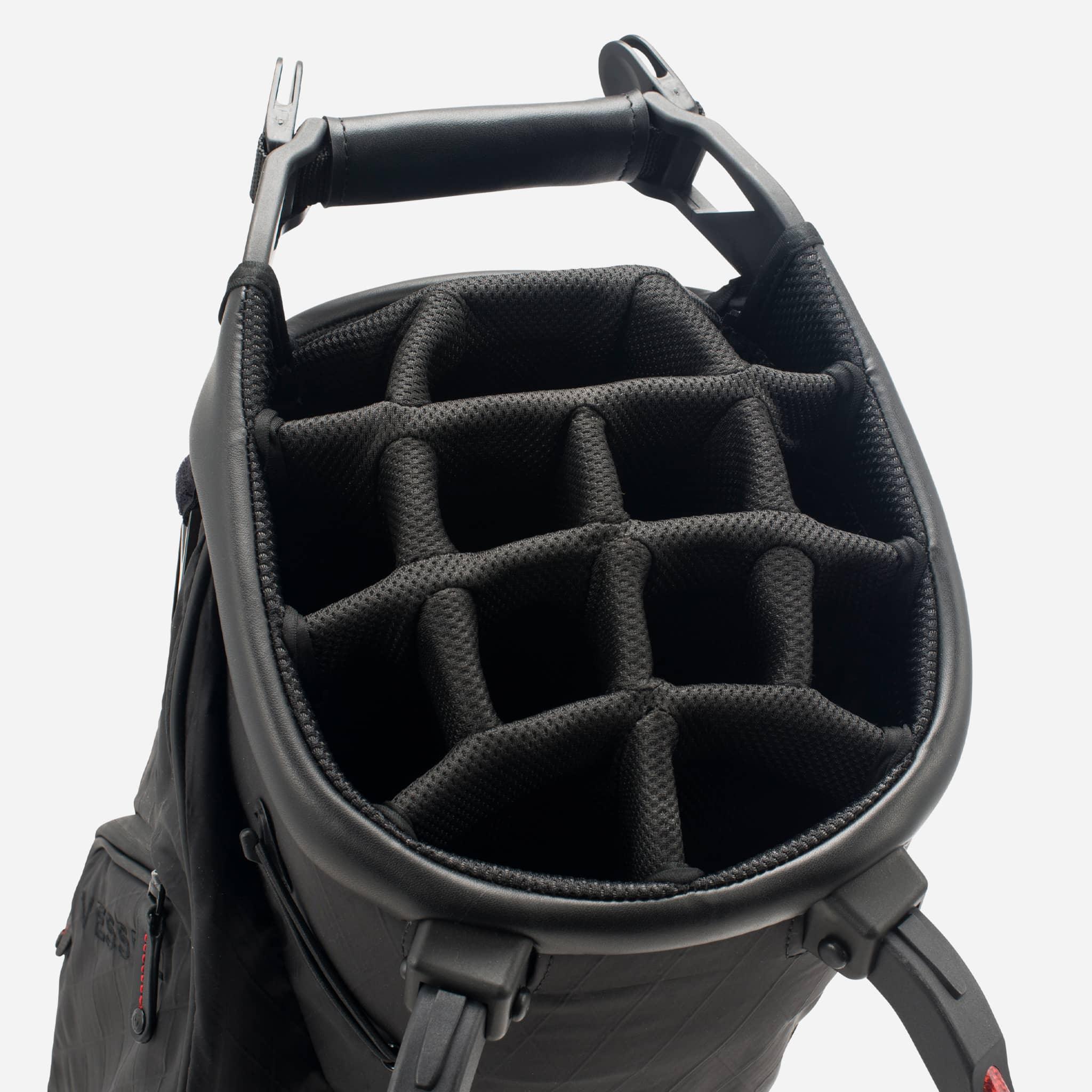 Top view of black diamond ripstop golf stand bag featuring 14-way dividers.